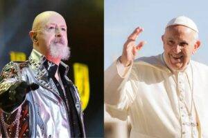 Collage foto a due SpazioRock rob halford e papa francesco